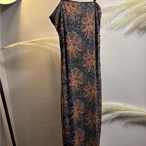 (#86) Sun Face Print Maxi Slip Dress in Teal & Coral